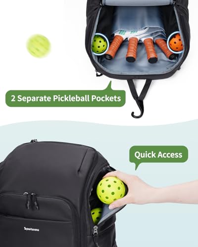 sportsnew Pickleball Bag, Waterproof Pickleball Backpack for Women Men with Shoe Compartment & Fence Hook, Black Patent Pending