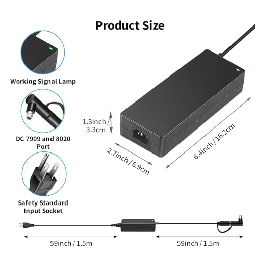24V 180W Charger Power Supply Adapter with DC7909 + DC8020 for Jackery/BLUETTI/Anker/GRECELL/Goal Zero Yeti Portable Power Station Solar Generator 167Wh 240Wh 293Wh 518Wh Lithium Battery Power Cord