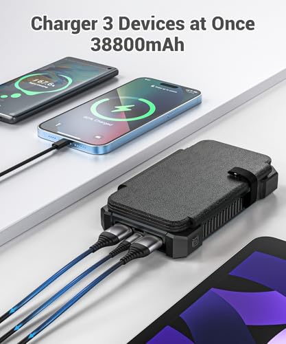 Solar Power Bank 38800mAh with 4 Solar Panels, Portable Charger USB C 18W Fast Charging for iPhone Samsung, IP67 Waterproof Outdoor External Battery Pack with Flashlight/SOS/Strobe (Black, 38800mAh)