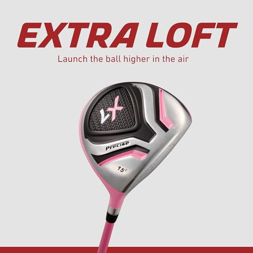 Precise X7 Junior Complete Kids Golf Clubs Set - Boys & Girls Right Handed Kids Golf Set w/ Driver, Hybrid, Irons, Putter, Stand Bag & Headcovers - Youth Golfing Clubs Sets for Ages 9-12 - Pink