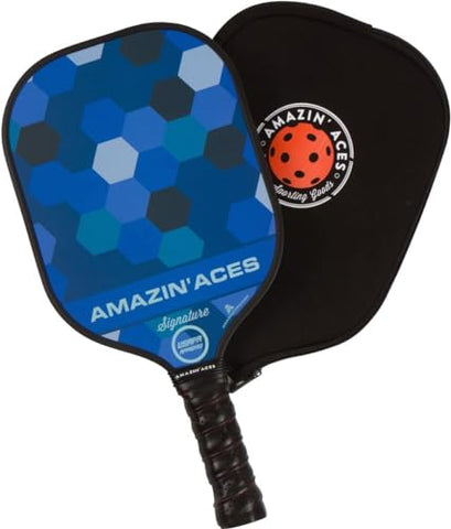 Amazin' Aces Signature Pickleball Paddle Blue - 1 USAPA-Approved Pickleball Racket with Graphite Face & Polymer Honeycomb Core, 1 Paddle Cover & 1 Pickleball Bag - Pickleball Set