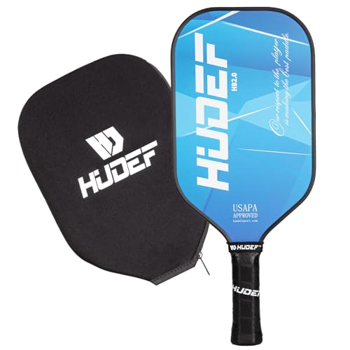 HUDEF Pickleball Paddle USAPA Approved, Lightweight Carbon Fiber Face and Polypropylene Honeycomb Core Pickleball Racket with Cover, Elongated Handle and Cushion Comfort Grip Pickle Ball Paddle Blue