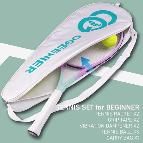 OGEENIER 27" Tennis Racket Set for Adults, Pre-Strung Tennis Racquets for Beginners, 2-Player Recreational Tennis Set with 3 Balls, 2 Vibration Dampers, 2 Grips, 1 Carrying Bag