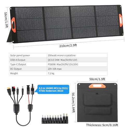 200W Portable Solar Panel for Power Station, Compatible with Jackery, Ecoflow, Bluetti, Anker and More Portable Power Stations, 23.5% High Efficiency, Weatherproof for Camping, RV, Emergency Power