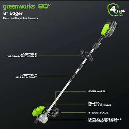 Greenworks 80V All-Terrain Brushless Edger, 8" Steel Blade, 2.25" Pro Depth & Tool-Free Adjust, 27cc Gas Power Equivalent, Battery and Charger Not Included