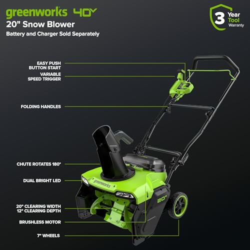 Greenworks 40V 20'' Brushless Snow Blower, Battery and Chargder not Included