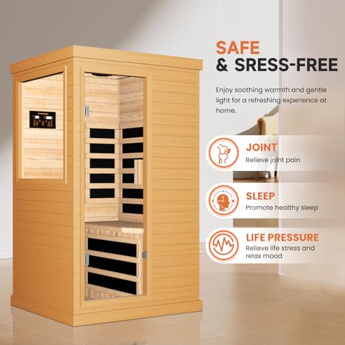 OUTEXER Far Infrared Sauna Home Sauna Spa Room Canadian Hemlock Wood 1200W Indoor Saunas Low EMF 110V with 7 Color Light and Tempered Glass Door, Room: 35.2 * 27.6 * 61.6Inch