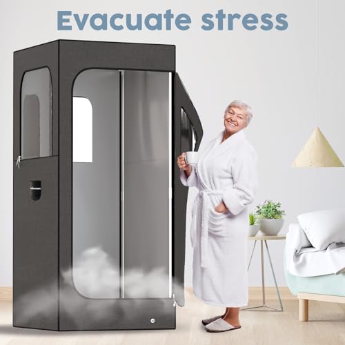 Adamson Full Size Portable Steam Sauna - Indoor Sauna Tent for Home Spa Relaxation - Boost Health and Recovery - 2.6L 1000W Steamer - Chair - Remote - Foot Massager - New - Nylon Black