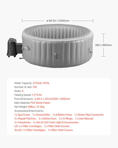 VEVOR Inflatable Hot Tub, 6 to 8 Person Capacity, 94.5 x 26in Round Portable Outdoor Spa, with 130 Soothing Jets, Headrest, LED Light, Cover, Multi-Function Control Panel, PVC Outdoor Hot Tub, Grey