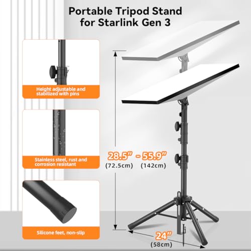 Futrue-Wolker Starlink Mount Gen 3, Starlink Tripod Stand with Mount Adapter, Adjustable Height Starlink Tripod Mount Gen 3, 90° Tilt Angle Adjustment Starlink Antenna Pipe Adapter (Black)