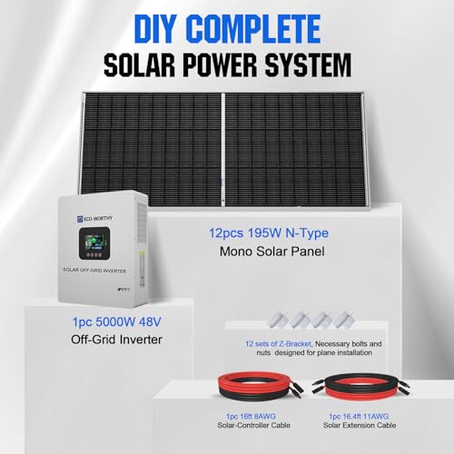 ECO-WORTHY 9.36KWH 2340W 48V Solar Power System Kit Off Grid Solar Panel Kit with 5000W 48V All-in-One Off-Grid Charge Inverter and 12pcs 195W Mono Solar Panel and Z Mounting Brackets.Plug and Play