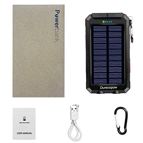 Solar Charger Power Bank, 20000mAh Portable Outdoor Waterproof Solar Battery Charger, Camping External Backup Battery Pack USB C Ports Input/Output, 2 Led Light Flashlight with Compass (Red)