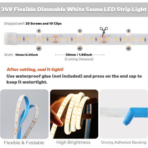 SuperlightingLED DC24V 3000K White LED Strip for Sauna Lighting, Flexible Long 5m 16.4ft 120 LEDs/m High-temperature Resistant IP68 Waterproof LED Strip Light for Steam Room (3000K Warm White)