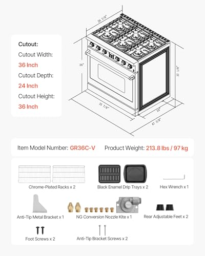 VEVOR Gas Range Oven, 36 Inches Width, Freestanding Stainless Steel Stove and Oven with 6 Sealed Cooktop Burners, Easy Reach Racks, Halogen Light, 6.0 Cu. Ft. Capacity, for Home Apartment Kitchen