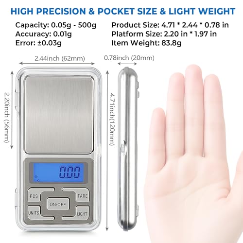 SKEAP Digital Pocket Gram Scale 500g x 0.01g, Portable Mini Scale for Small Food, Coin, Jewelry, Gold, Powder, Reloading, Grams and Ounces, Batteries Included