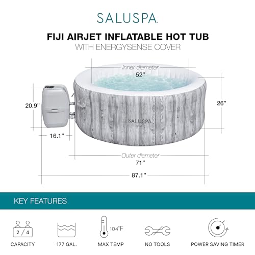 Bestway SaluSpa Fiji AirJet Large Round 2 to 4 Person Inflatable Hot Tub Portable Outdoor Spa with 120 AirJets and EnergySense Cover, Grey