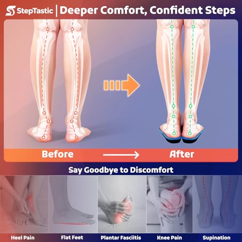 StepTastic 240+ LBS Heavy Duty Support Insoles for Men Women, Orthotic Insert for Plantar Fasciitis, Flat Feet, High Arch Support, Shock Absorbing, Cuttable, 1 Pair(Blue,M11.0-12.5/W12.0-13.5)