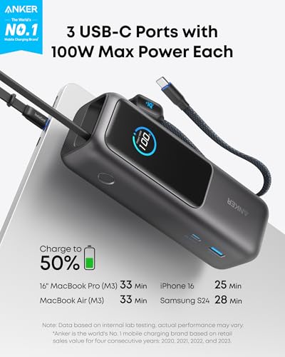 Anker Power Bank 25K 165W with Built-in USB-C and Retractable Cable Power Station 60,000mAh 87W with Smart Display, Lighting, SOS Mode, and Home Backup for Travel and Camping