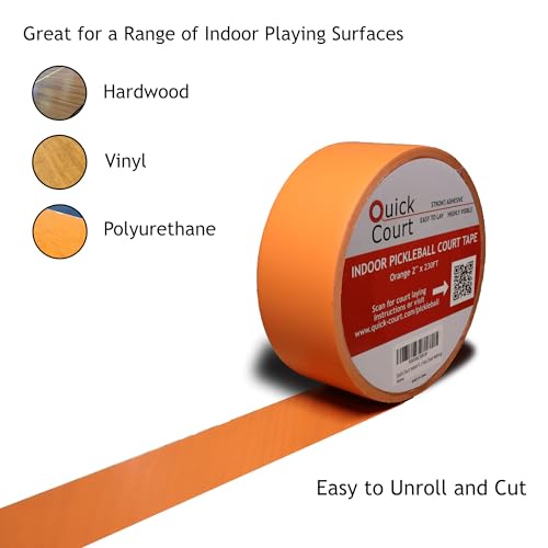 Quick Court Indoor Pickleball Court Tape - Zero Residue, Long Lasting, 2" x 230FT, Pickleball Court Marking Tape with Instructions Included for Fast Court Marking (Orange)