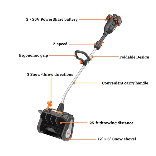 WORX Nitro 40V 12'' Cordless Snow Shovel, Electric Snow Thrower for 4-Car Driveway, Snow Removal with Brushless Motor & 2 Speed Control, 2 × 4.0 Ah Batteries and Charger Included, WG460