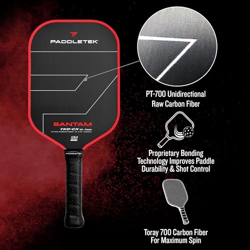 Paddletek Bantam TKO-CX 12.7mm Pickleball Paddles with Polymer Honeycomb Core - Unidirectional Carbon Fiber – Torsional Weighting & High Tack Performance Grip - USAPA Approved - 5.75 Inch Handle