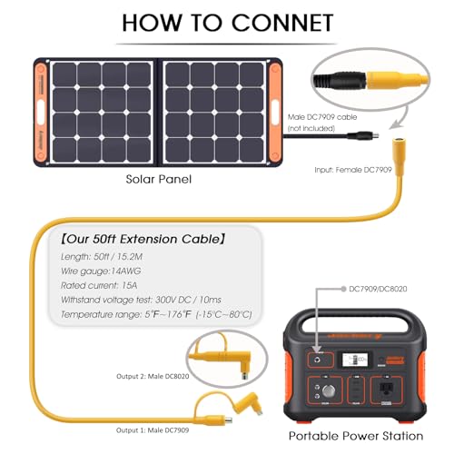 Hoeine Solar Panel Extension Cable for Jackery 50FT, 14AWG 8mm DC Connector Compatible with Yeti, Anker, BLUETT, Jackery Portable Power Stations for Outdoor Camping, RV, Emergency Use (Yellow)