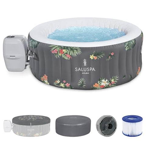 Bestway SaluSpa Aruba AirJet Large Round 2 to 3 Person Inflatable Hot Tub Portable Outdoor Spa with 110 AirJets and EnergySense Cover, Grey