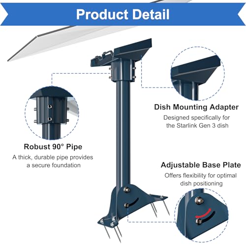 Starlink Gen 3 Mount Adapter Aluminum Alloy, 15.7" Heavy Duty Steel Pivot Pole Pipe with Adjustable Base Mount Kit Compatible with Starlink V3 Standard Dish for Roof