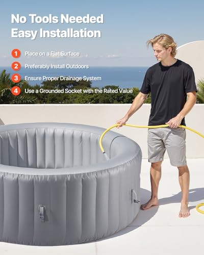 VEVOR Inflatable Hot Tub, 6 to 8 Person Capacity, 94.5 x 26in Round Portable Outdoor Spa, with 130 Soothing Jets, Headrest, LED Light, Cover, Multi-Function Control Panel, PVC Outdoor Hot Tub, Grey