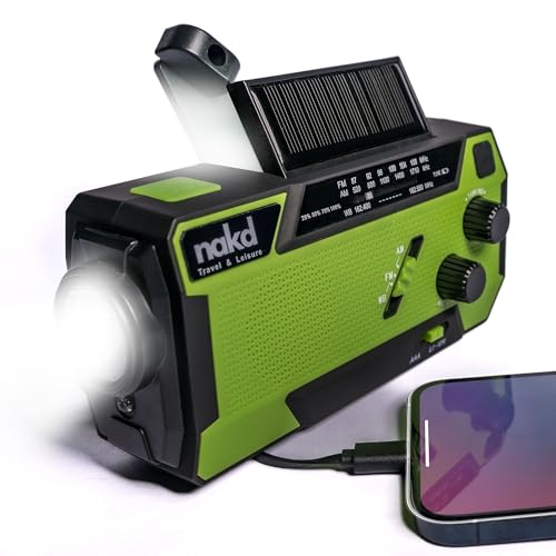 Hand Crank Weather Emergency Radio: Dynamo, Solar, USB and Battery Powered - Upgraded 14800mWh Battery, Flashlight, NOAA Storm Alert, SOS Alarm, 3 External Charger Cables - Cell Phone Emergency Power