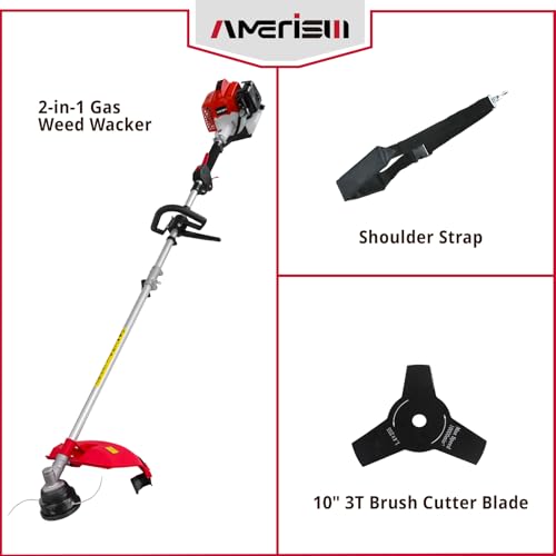 AMERISUN 25.4cc Weed Wacker Gas, 3-in-1 String Trimmer/Edger 16-Inch, 10-Inch Brush Cutter for Garden Edging & Lawn Care（AM4532）