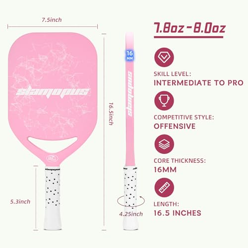 Slamopus Pro Pickleball Paddle| T700 Carbon Fiber Pickleball Paddles with 16mm Polymer Honeycomb Core & Overgrips| Premium Pickle Ball Racket Enhanced Control & Spin & Power| USAPA Approved（Pink）