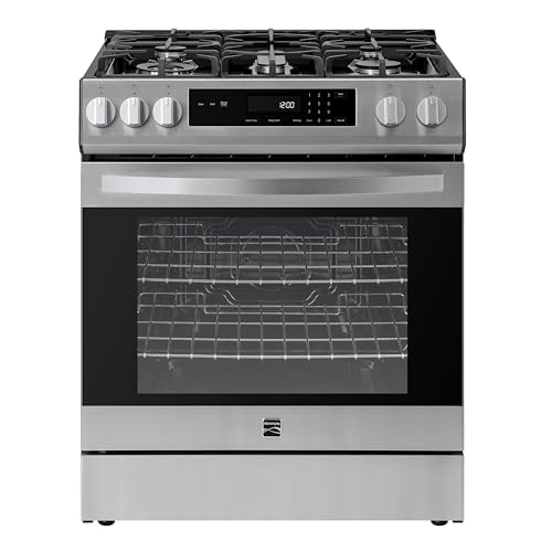 Kenmore 5.6 cu. ft. Front Control Gas Range Oven with 5 Cooktop Burners - Ultra Durable Chrome Racks, Turbo Boil, Hidden Bake, Dishwasher-Safe Grates, Storage Drawer, LP Kit - Stainless Steel