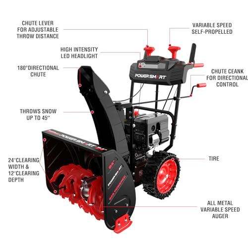 PowerSmart 24-inch Snow Blower Gas Powered, Two-Stage 252cc Engine with Electric Start, Self-Propelled, LED Headlight
