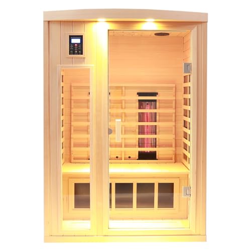 KUNSANA Ceramic Infrared Sauna, 2 Person Infrared Saunas for Home, Hemlock Wood Sauna Room, 2 in 1 Indoor Sauna with Low EMF Heaters + Ceramic Heating Cubes-Chromotherapy-Bluetooth Speaker