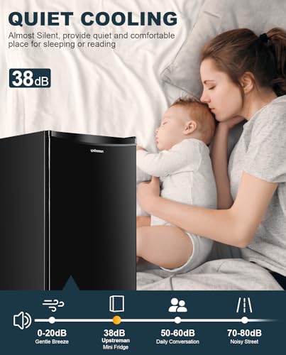 Upstreman 3.2 Cu.Ft Mini Fridge with Freezer, Single Door Mini Fridge, Dorm Fridge, Adjustable Thermostat, Mini Refrigerator for Bedroom, Office, Dorm, Black-BR321
