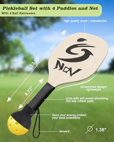 NQV Half Court Pickleball Net Set - 10FT Net+4 Wood Paddles+8 Balls+4 Ball Retrievers+1 Court Marking Kit+1 Bag, Pickleball Kit for Driveway Adults Beginners Pros