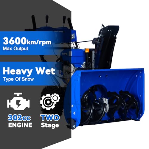 BILT HARD 28 Inch Gas Powered Snow Blower with Electric Start, 2-Stage Self-Propelled Snow Blower with 302cc Engine, Steering Control and LED Light, Self Propelled Snow Removal Equipment