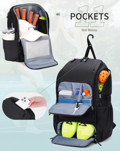 sportsnew Pickleball Bag, Waterproof Pickleball Backpack for Women Men with Shoe Compartment & Fence Hook, Black Patent Pending