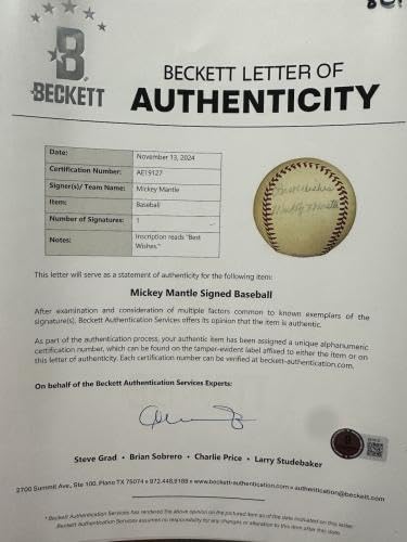 Mickey Mantle Pre-Rookie 1949-51 Single Signed ONL Baseball JSA PSA Beckett - Autographed Baseballs