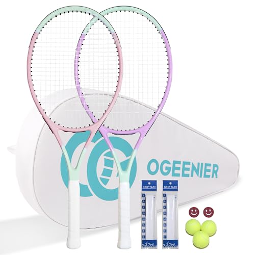 OGEENIER 27" Tennis Racket Set for Adults, Pre-Strung Tennis Racquets for Beginners, 2-Player Recreational Tennis Set with 3 Balls, 2 Vibration Dampers, 2 Grips, 1 Carrying Bag