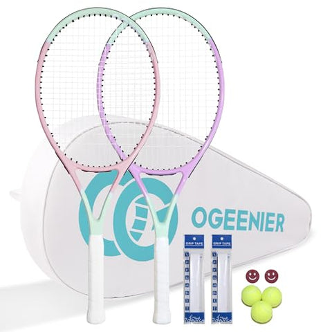 OGEENIER 27" Tennis Racket Set for Adults, Pre-Strung Tennis Racquets for Beginners, 2-Player Recreational Tennis Set with 3 Balls, 2 Vibration Dampers, 2 Grips, 1 Carrying Bag
