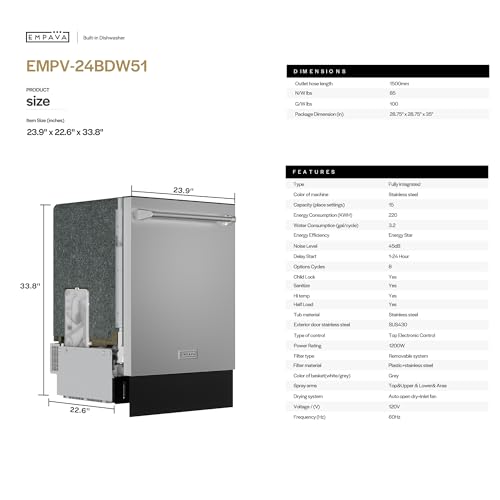 Empava 24 Inch Built-in Dishwasher, Stainless Steel Tub, 15 Place Settings, 8 Wash Cycles, 3 Racks, Dual-Dry System, Top Control, 45 dB Ultra Quiet, Energy Star & UL Certified