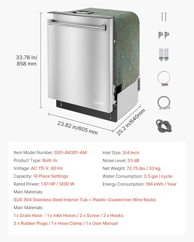 VEVOR 24 Inch Built-In Dishwasher, Stainless Steel Tub, 14 Place Settings and 8 Washing Programs, 23.82 x 25.2 x 33.78 Inch Low-Noise Dishwashing Machine with Upper/Lower Racks and Zoned Storage