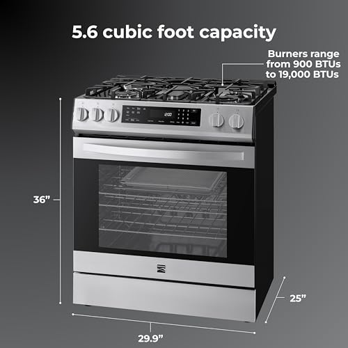Kenmore 5.6 cu. ft. Front Control Gas Range Oven with 5 Cooktop Burners - True Convection, Air Fry, Turbo Boil, Self Clean, Dishwasher Safe Grates, Three Chrome Racks, LP Kit - Stainless Steel