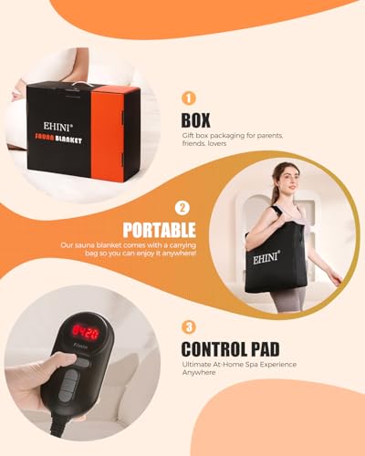 EHINI Infrared Sauna Blanket-Sauna Blanket for Home Use, Portable Design for Relaxation and Detoxification Highest 176℉, 20-60 Minutes Timer, 6 ft x 2.65 ft (Black)