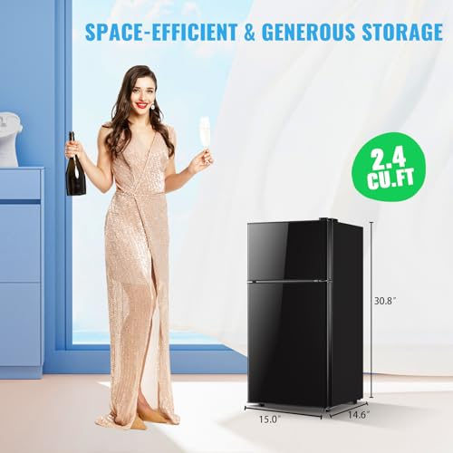 DEMULLER 2.4 Cu.Ft Mini Fridge with Freezer & Double Door Small Tiny Size Refrigerator with 7 Temperature Control Knob Only Suitable for One Person Use Black