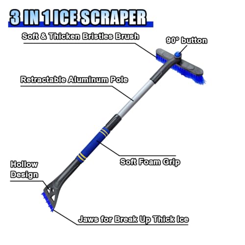 KITUREK 31.5" Detachable Snow Brush and Ice Scraper for Car Windshield, 2-in-1 Winter Snow Removal Tool with Extendable, 360° Rotating Soft Bristle Brush Head and Foam Grip for Most Vehicles (Blue)