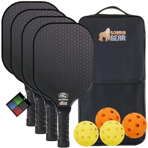 Gorilla Gear USAPA Approved Pickleball Paddles Set of 4, Indoor Fiberglass Shock Absorbent Racket with Comfortable Grip, Outdoor Pickle Ball Court Equipment, Sports Accessories Includes Bag, Black
