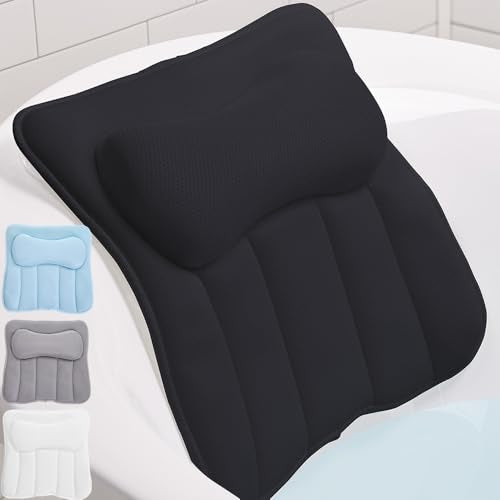 GORILLA GRIP Bath Pillow for Tub with Powerful Suction Cups, Headrest Pillows for Neck and Back Support, Machine Wash, Bathtub and Hot Tub Accessories, Relaxing Spa Gift Essentials for Women, Black